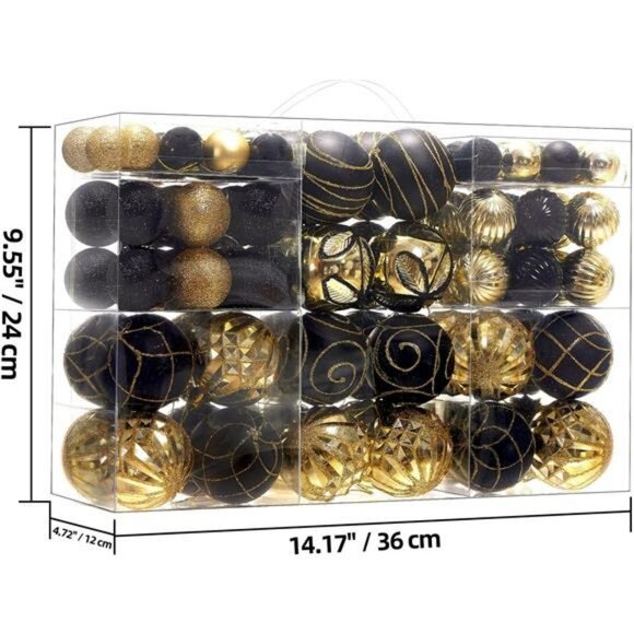 100Pcs Black and Gold Christmas Tree Ornaments Shatterproof Baubles Holiday Deco - Picture 3 of 7